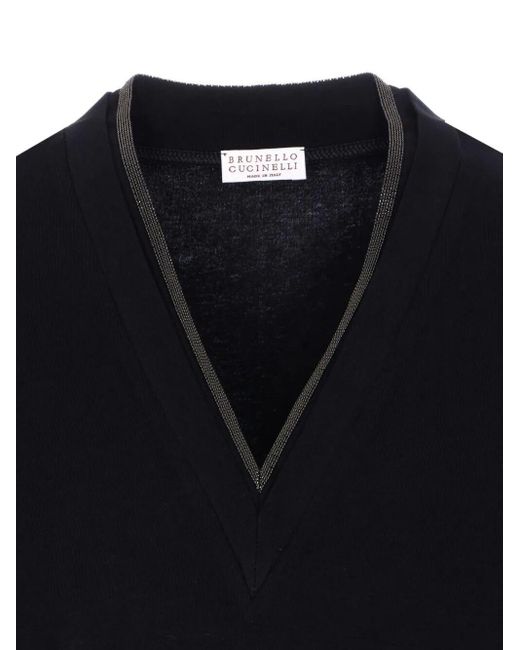 Brunello Cucinelli Black V-Neck Top With Metallic Detail
