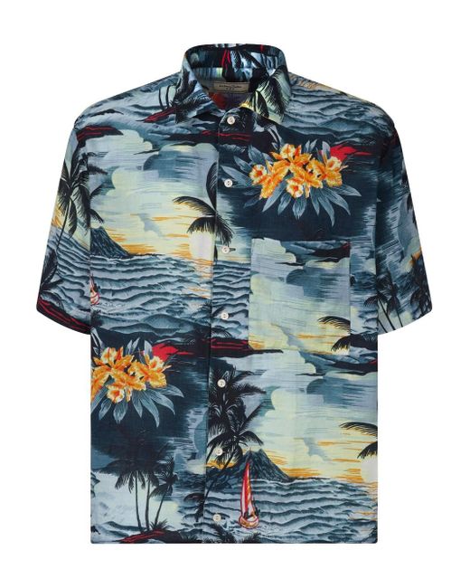 Tintoria Mattei 954 Blue Short-Sleeved Hawaiian Shirt for men