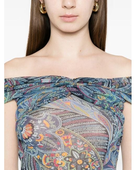 Etro Blue Semi-Sheer Straight Neck Patterned Top
