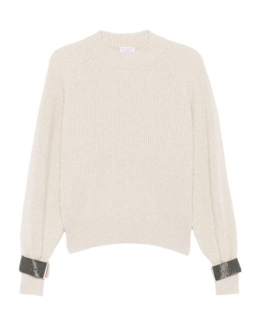 Brunello Cucinelli Natural Ribbed Sweater With Jewel Cuffs