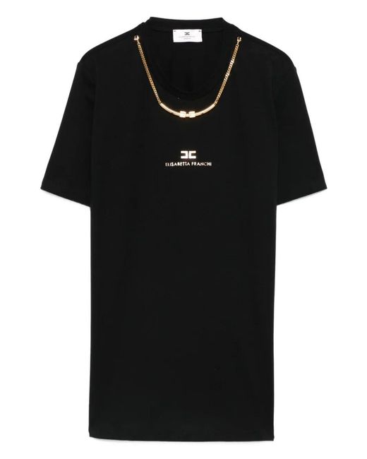 Elisabetta Franchi Black Cotton Jersey T-Shirt With Necklace Clothing
