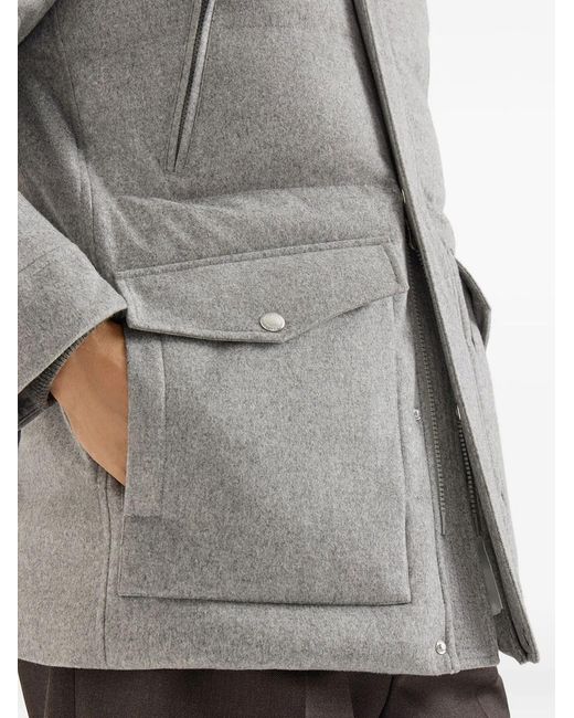 Brunello Cucinelli Gray Bonded Wool Flannel Down Parka With Detachable Hood for men
