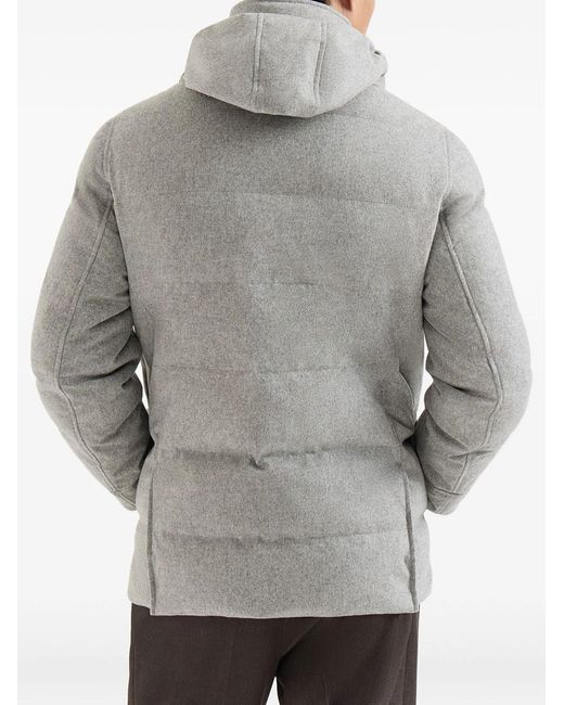 Brunello Cucinelli Gray Bonded Wool Flannel Down Parka With Detachable Hood for men