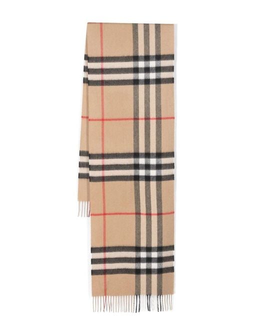 Burberry Natural Luxurious Cashmere Scarf With Giant Check Motif And Fringed Hems