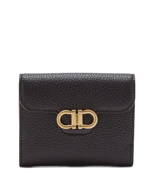Ferragamo Black Gancini Grained Leather Compact Wallet