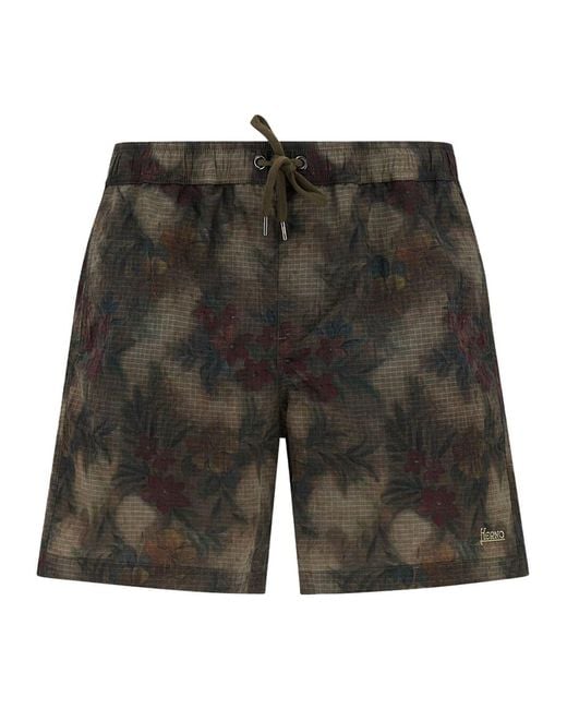 Herno Gray Tropical Pattern Ripstop Nylon Swim Shorts for men