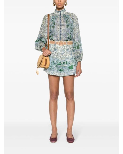 Zimmermann Green Paisley Print Flared Belted Skorts