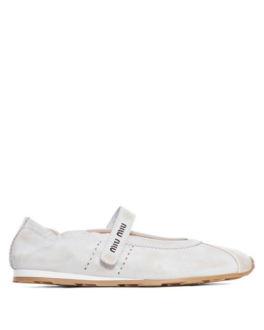 Miu Miu White Aged Effect Suede Plume Ballerinas Shoes