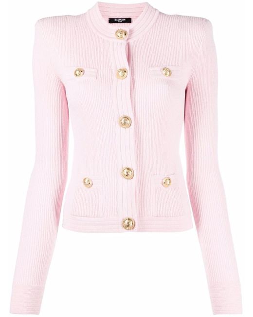 Balmain Cropped Pale Pink Knit Cardigan With Gold-tone Buttons