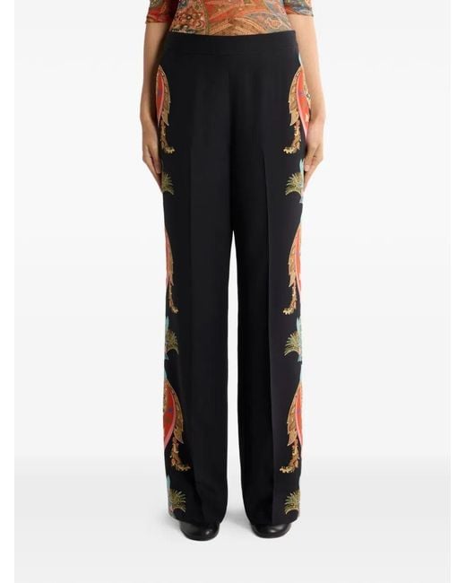 Etro Black Palazzo Pants In Silk With Paisley Foliage Print