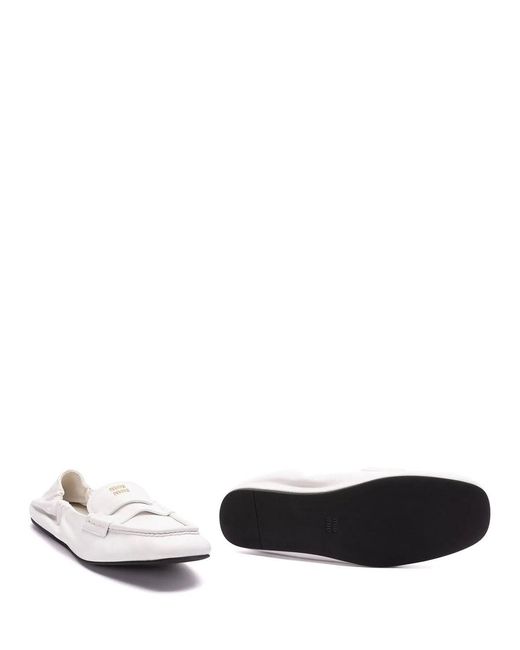 Miu Miu White Ruches Nappa Leather Loafers