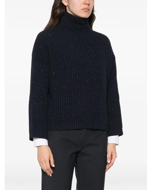 Brunello Cucinelli Blue High Neck Ribbed Cashmere Sweater With Sequins