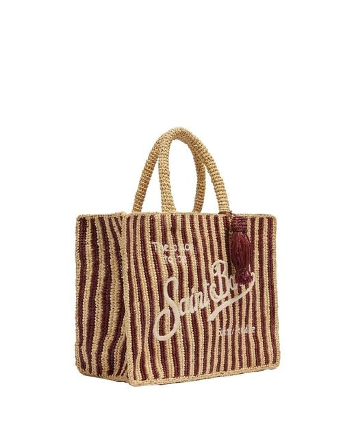 Mc2 Saint Barth White Colette Bag In Brown Striped Raffia With Embroidered L