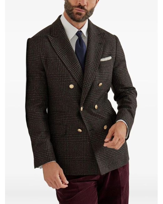 Brunello Cucinelli Black Wool-Alpaca-Silk Prince-Of-Wales Blazer for men