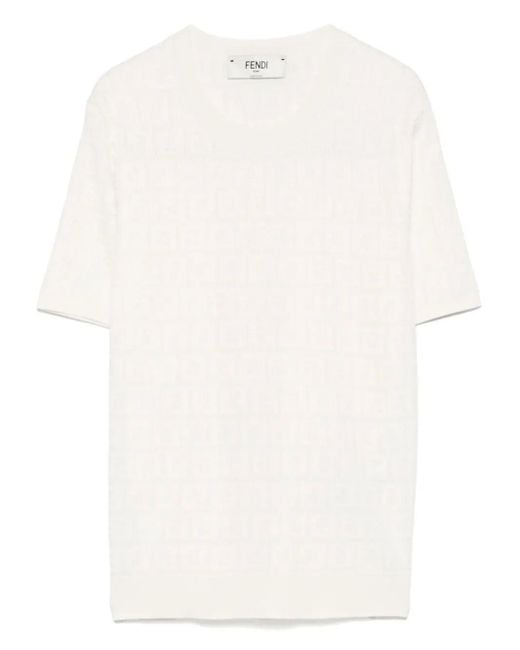 Fendi White Ff Cotton And Viscose Short Sleeved Jumper