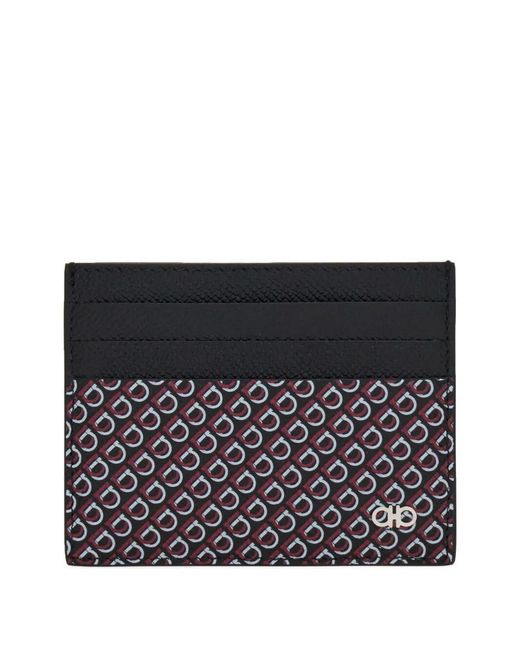 Ferragamo Black Micro Hook-Print Hammered Leather Card Holder Accessories for men