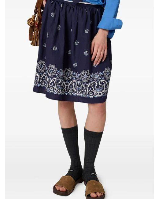 Miu Miu Blue Cornflower Print Slubbed Poplin Skirt