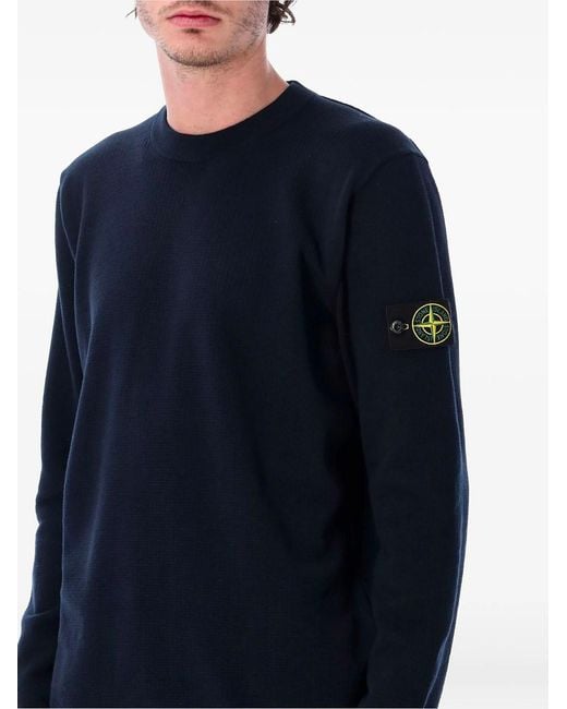 Stone Island Blue Loose Fit Ribbed Cotton Crewneck Sweater for men