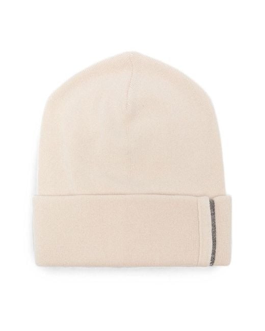 Brunello Cucinelli Natural Ribbed Cashmere Beanie With Embellishment
