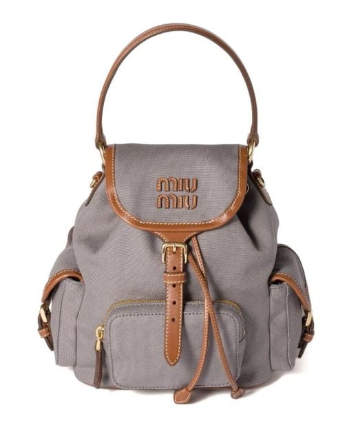 Miu Miu Gray Leather-Trimmed Canvas Backpack
