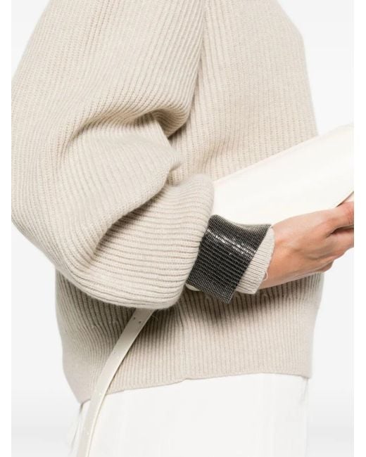 Brunello Cucinelli Natural Ribbed Sweater With Jewel Cuffs