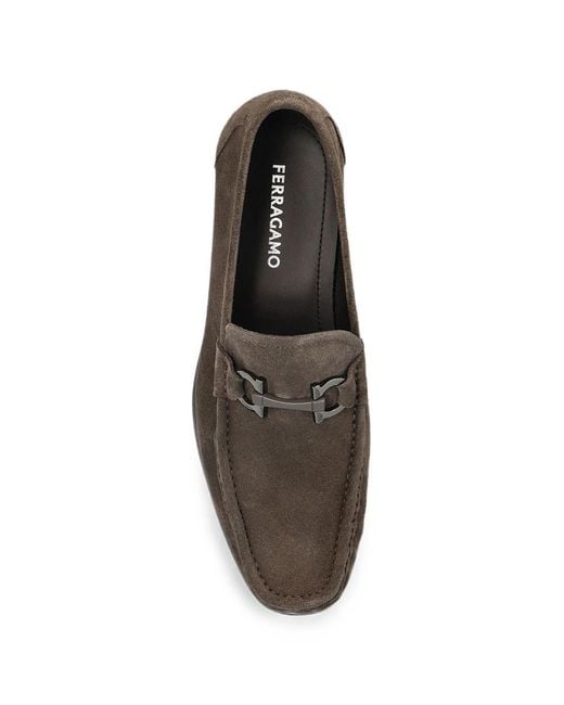 Ferragamo Gray Suede Loafers With Gancini Ornament for men