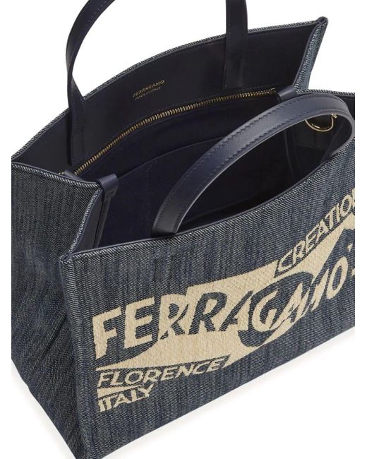 Ferragamo Blue Small Venna-Jacquard Tote Bag