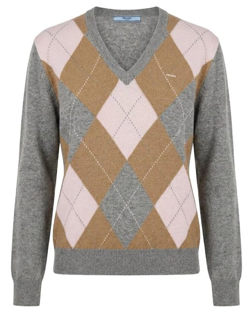 Prada Gray Argyle-Pattern V-Neck Cashmere Sweater