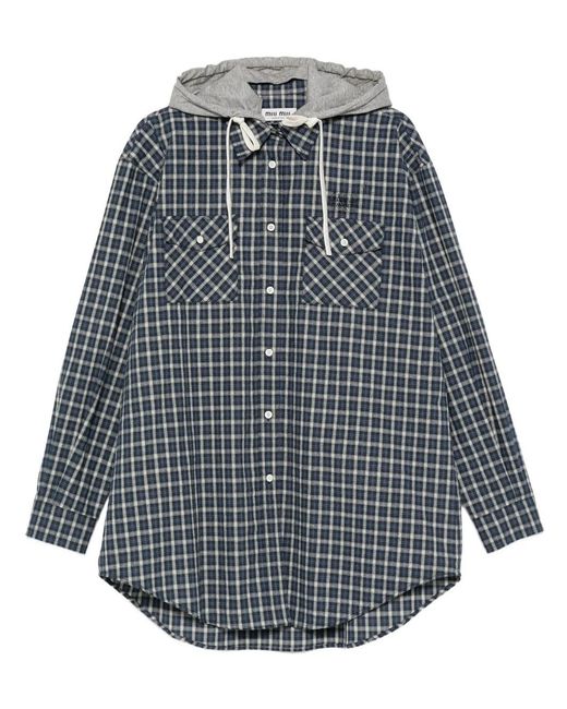 Miu Miu Gray Check-Pattern Hooded Shirt