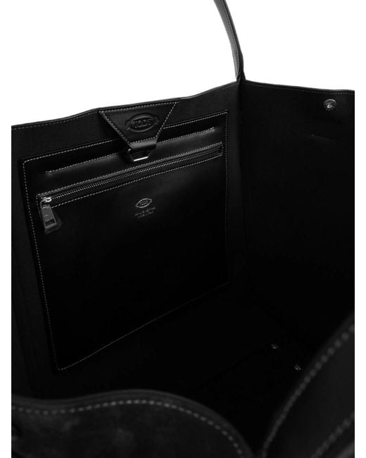 Tod's Black Medium Suede Leather T Signature Shopping Bag