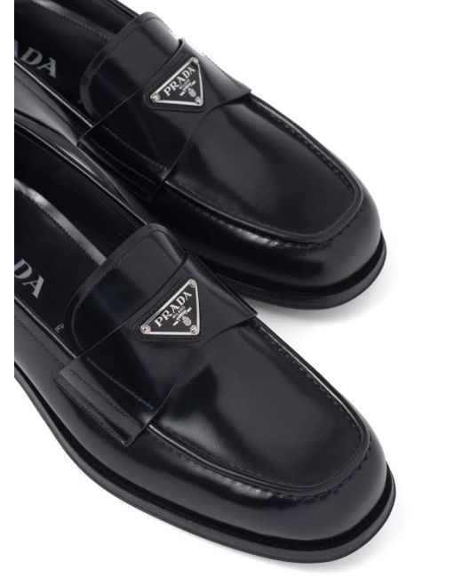 Prada Black Triangle-Logo Brushed-Leather Loafers for men