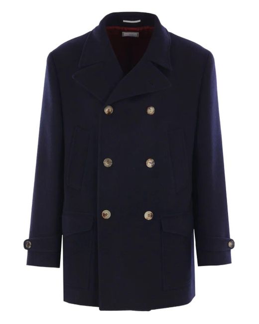 Brunello Cucinelli Blue Wool Double-Breasted Coat for men