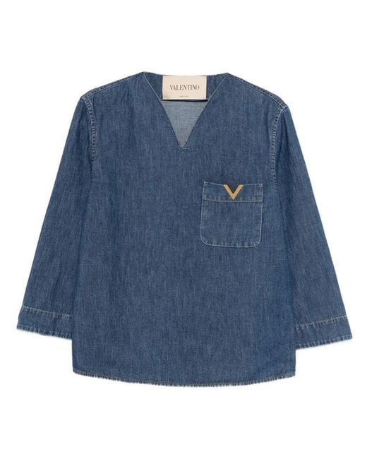 Valentino Garavani Blue Denim Shirt With V-Neck And Logo