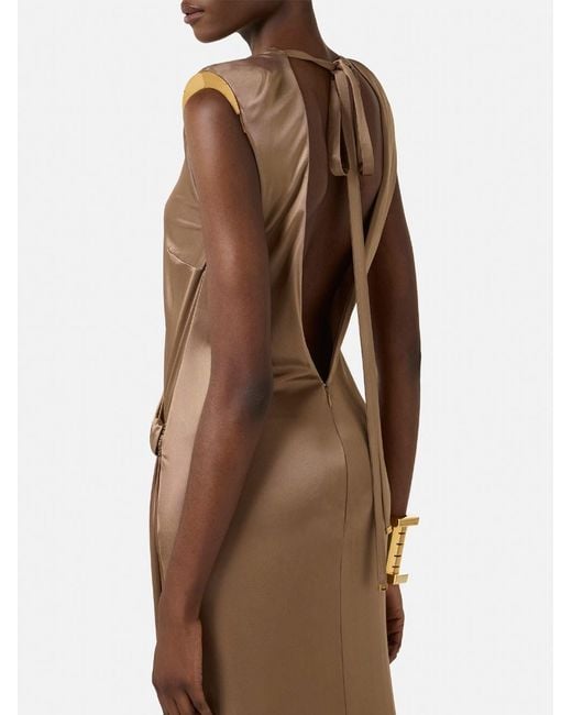 Elisabetta Franchi Natural Carpet Shiny Viscose Jersey Long Dress With Side Slit