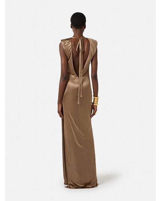 Elisabetta Franchi Natural Carpet Shiny Viscose Jersey Long Dress With Side Slit