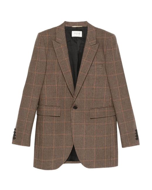Saint Laurent Brown Checked Single-Breasted Blazer
