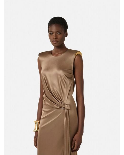 Elisabetta Franchi Natural Carpet Shiny Viscose Jersey Long Dress With Side Slit