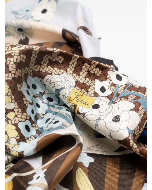 Fendi Blue Foulard 90X90 Stampa Gardening