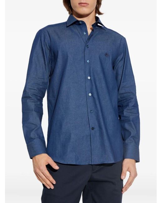 Etro Blue Embroidered Cotton Shirt for men