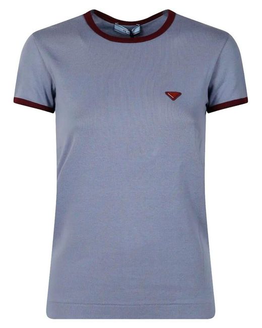 Prada Blue Contrast-Trim Cotton T-Shirt