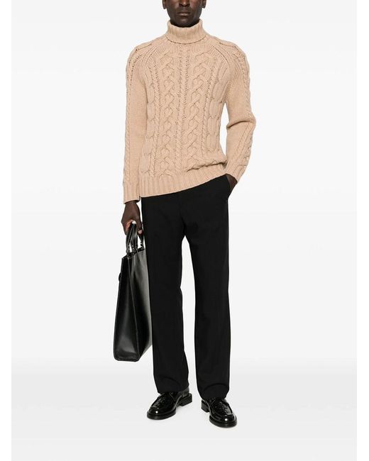 Brunello Cucinelli Natural Cable Knit Cashmere Sweater With High Collar for men