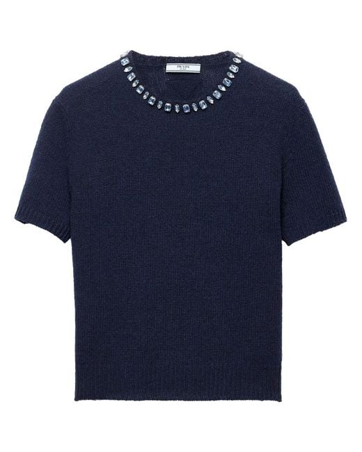 Prada Blue Wool And Cashmere Crewneck Sweater With Jewel Details Clothing