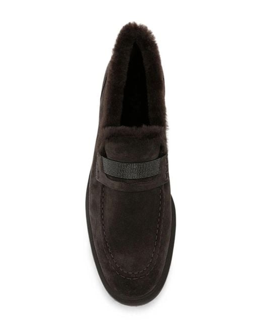 Brunello Cucinelli Black Suede Penny Loafers With Shearling Lining And Precious Insert