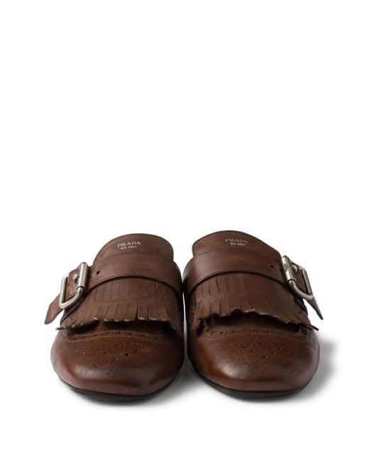 Prada Brown Shuffle Vintage Finish Leather Mules With Fringes