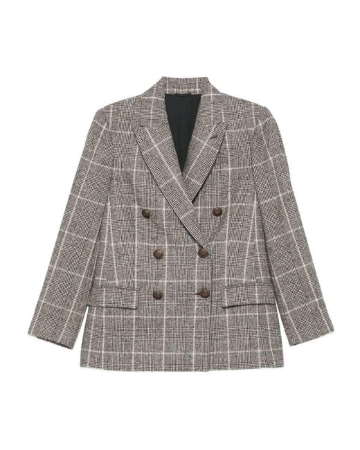 Brunello Cucinelli Gray Alpaca And Wool Prince Of Wales Double-Breasted Blazer With Monili