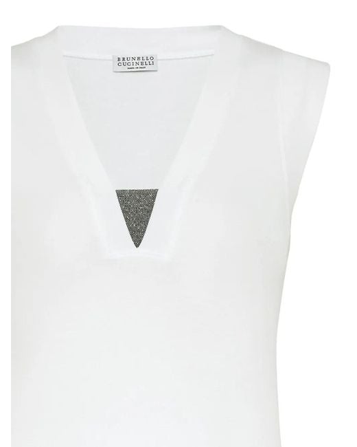Brunello Cucinelli White Ribbed Cotton Sleeveless Top