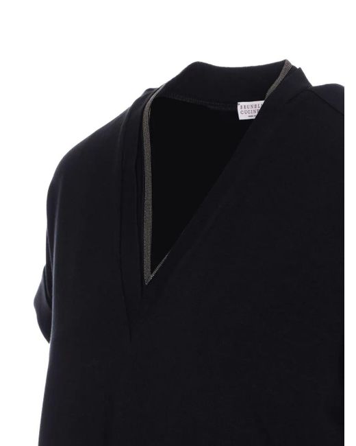 Brunello Cucinelli Black V-Neck Top With Metallic Detail