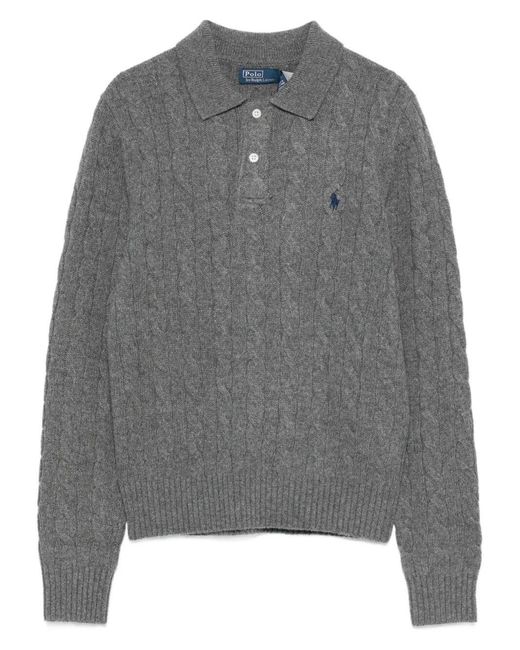 Polo Ralph Lauren Gray Cable Knit Wool And Cashmere Polo Shirt