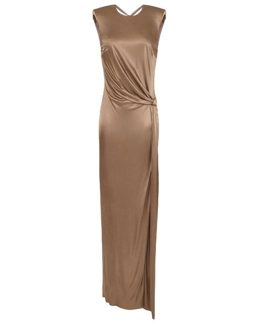 Elisabetta Franchi Natural Carpet Shiny Viscose Jersey Long Dress With Side Slit
