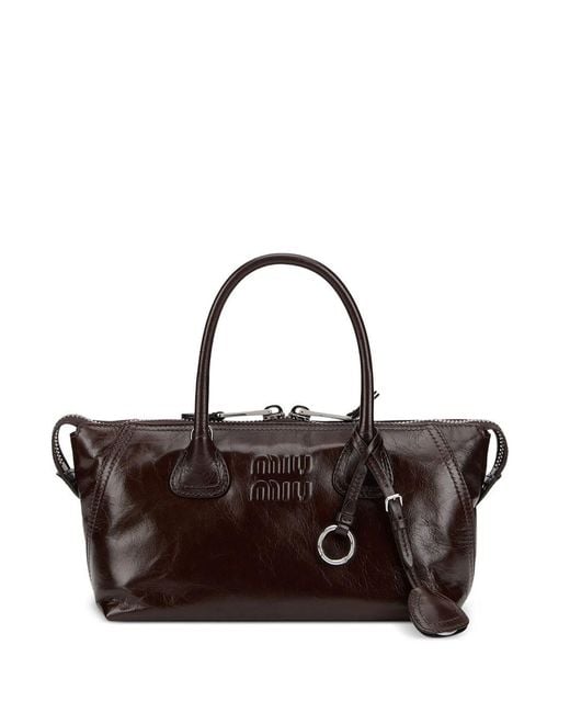 Miu Miu Brown Leather Tote Bag With Embossed Logo